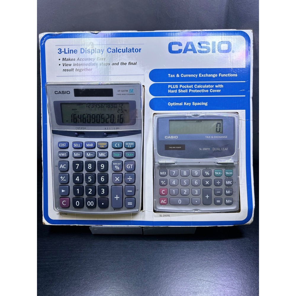 NIB Casio Calculator Combo Pack DF-320TM 3-Line Display & SL-200TE Folding Solar